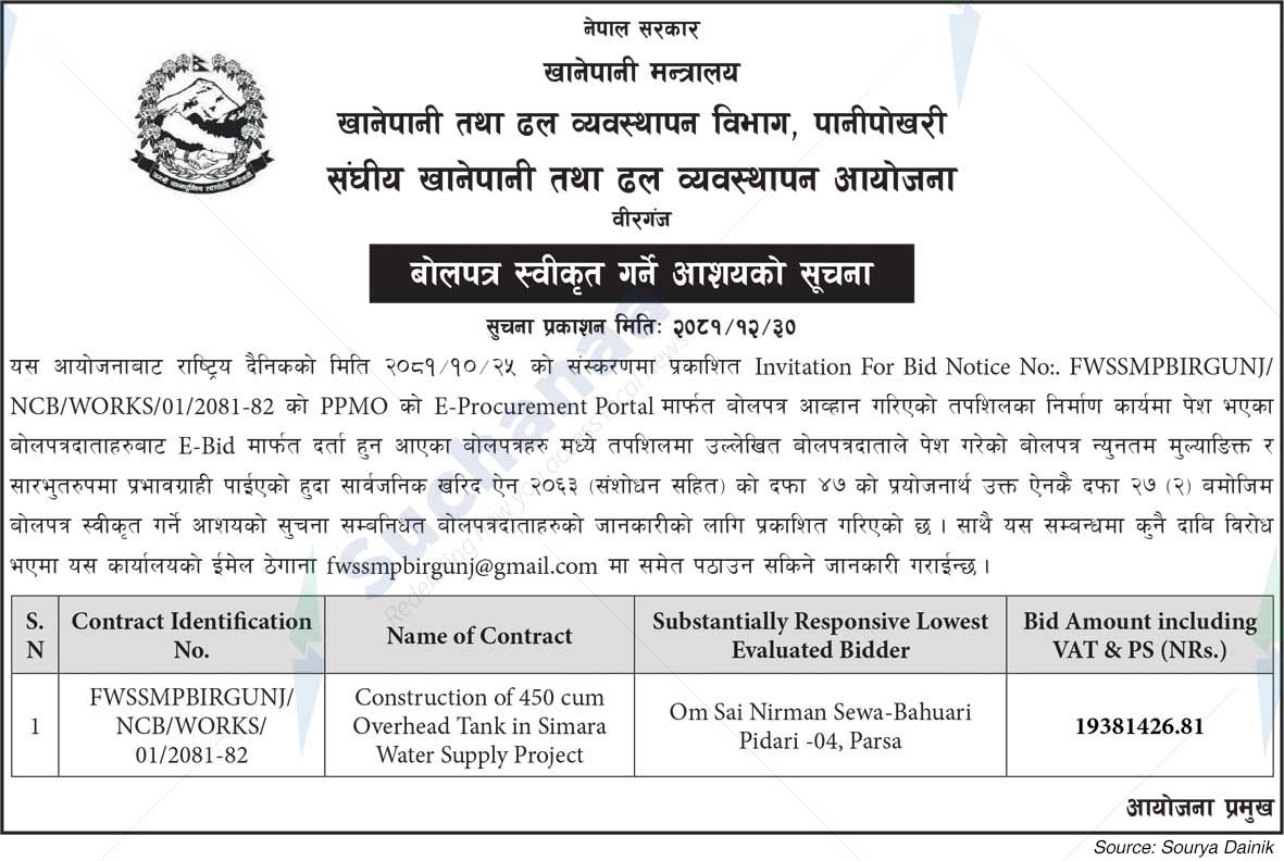 Federal Water and Sewerage Management Project, Birganj