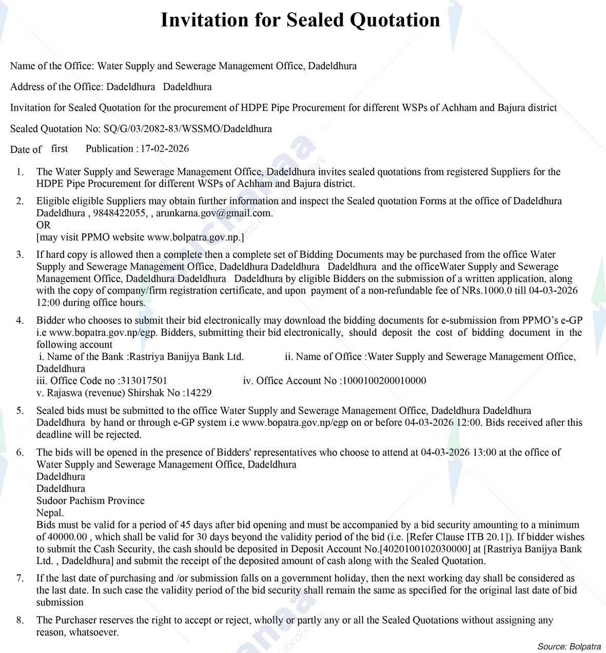 Water Supply and Sewerage Management Office, Dadeldhura