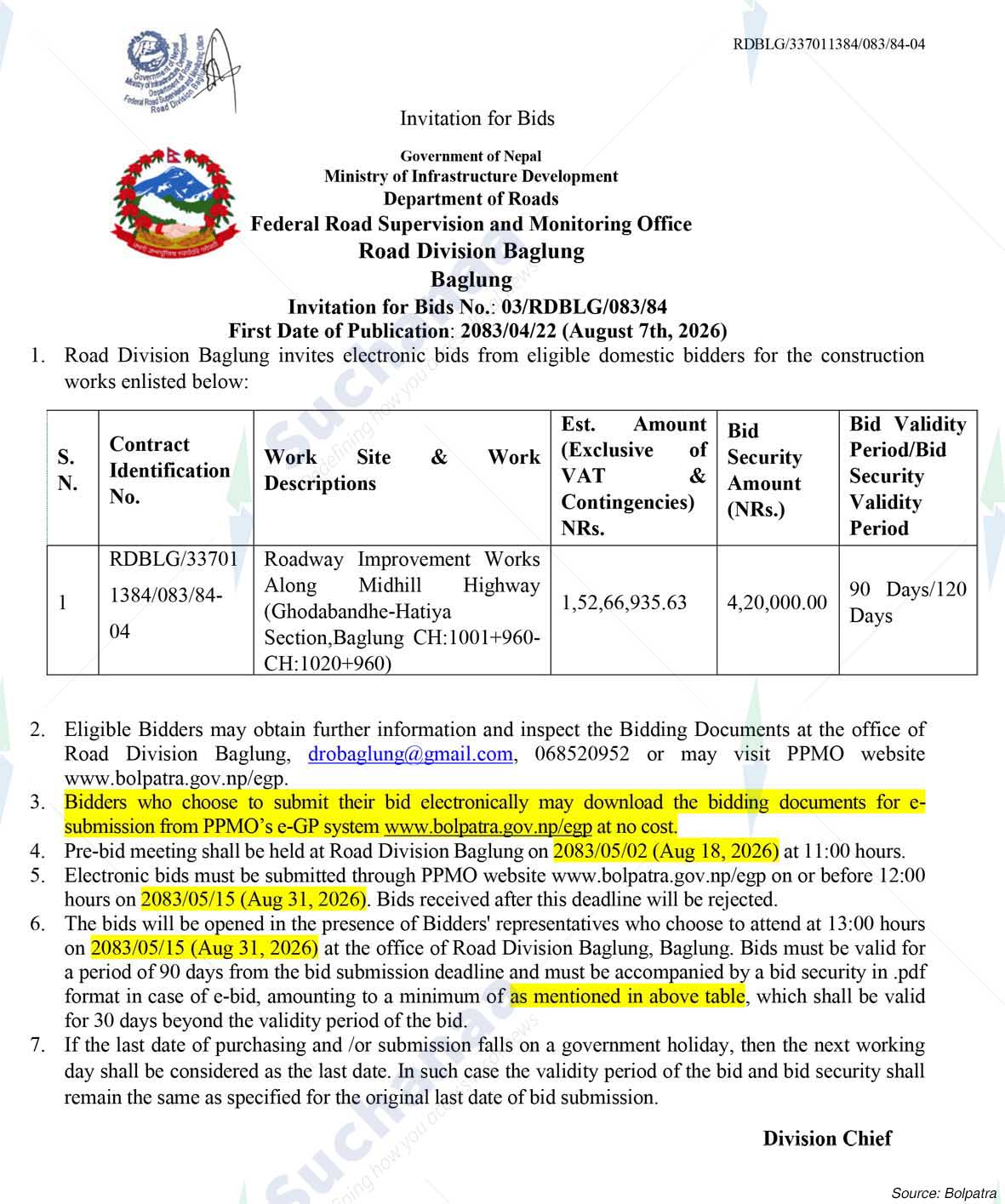 Road Division, Baglung