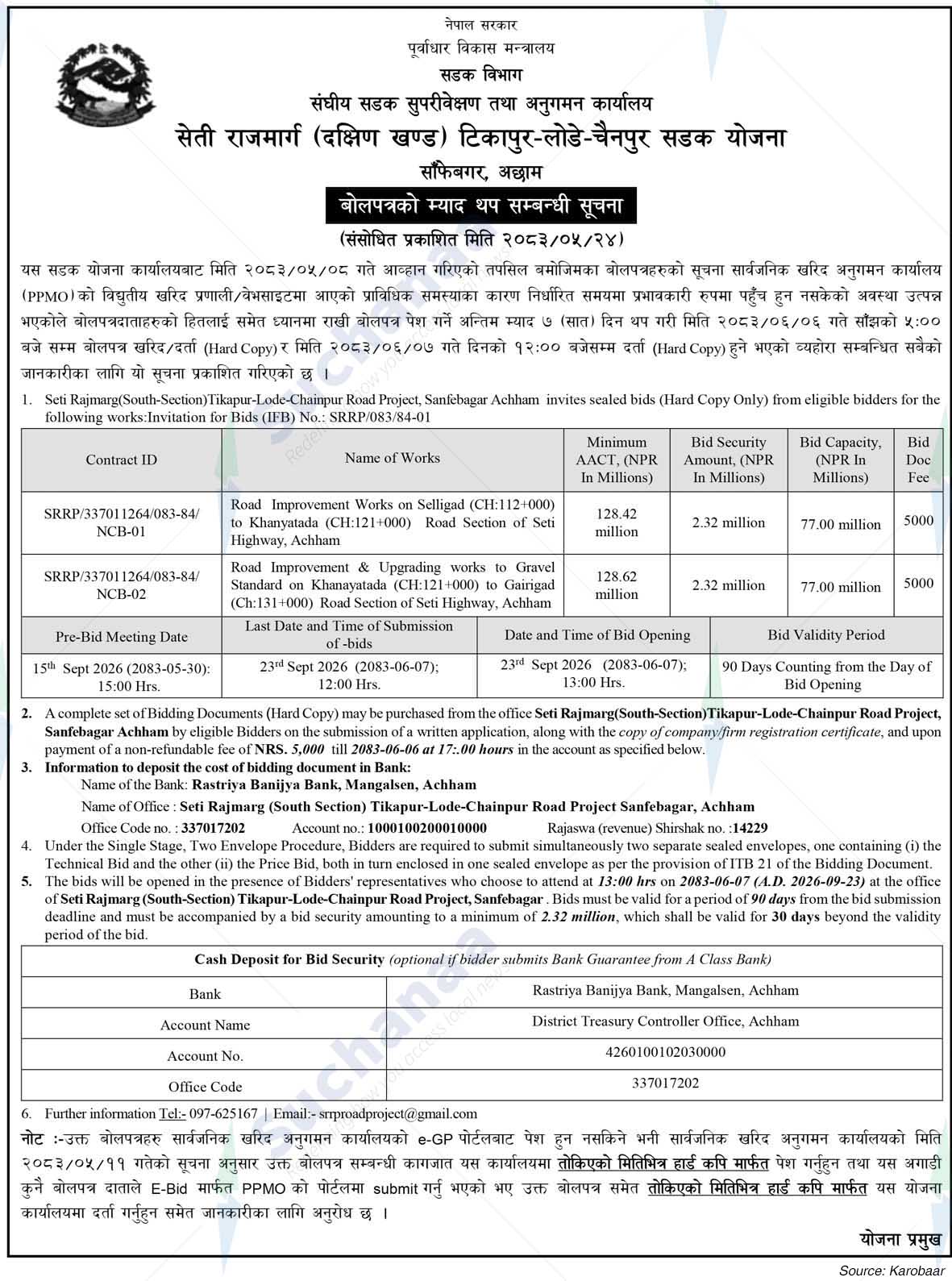 Seti Highway (South Section) Tikapur-Lode-Chainpur Road Scheme