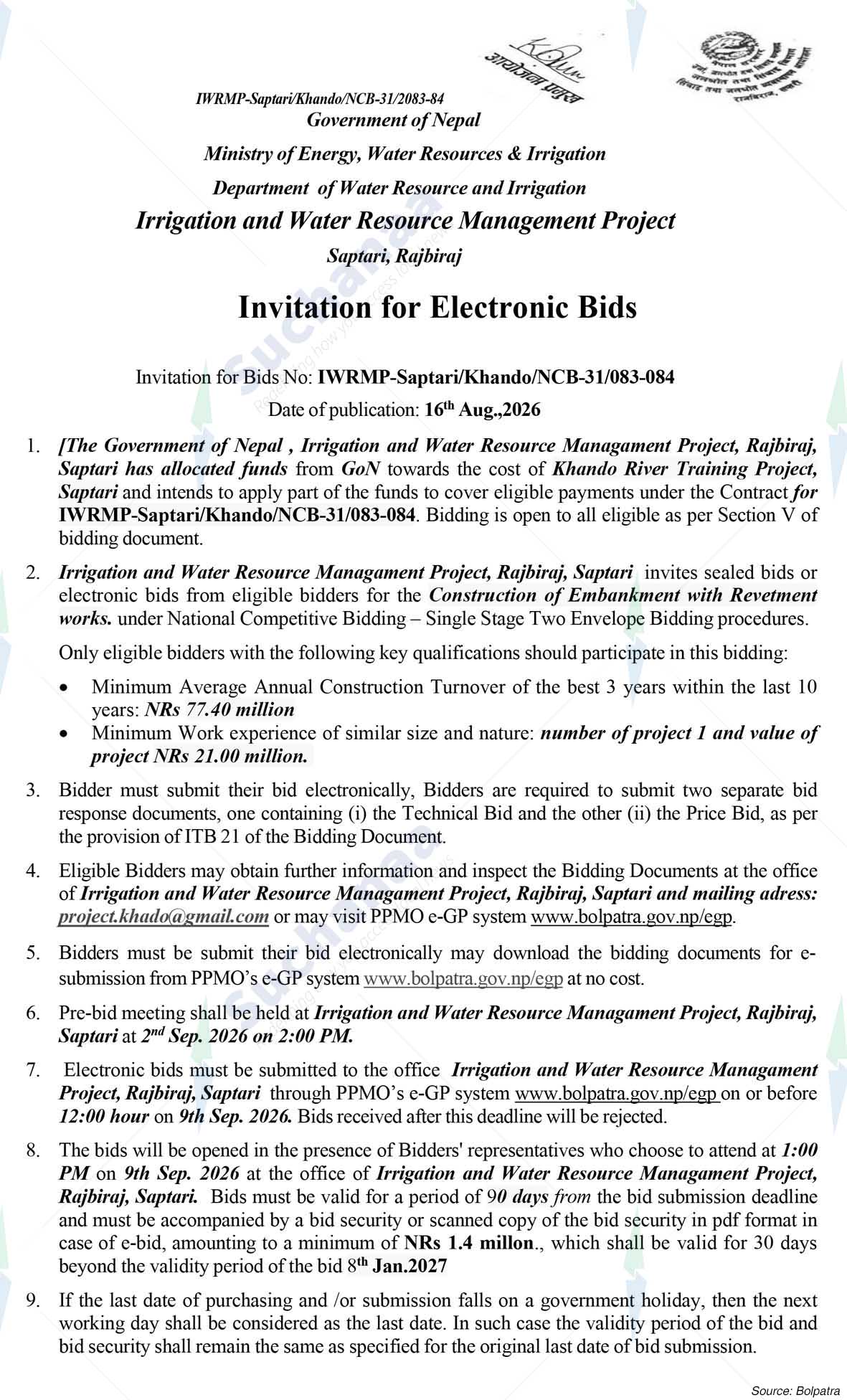 Irrigation and Water Resources Management Project, Saptari