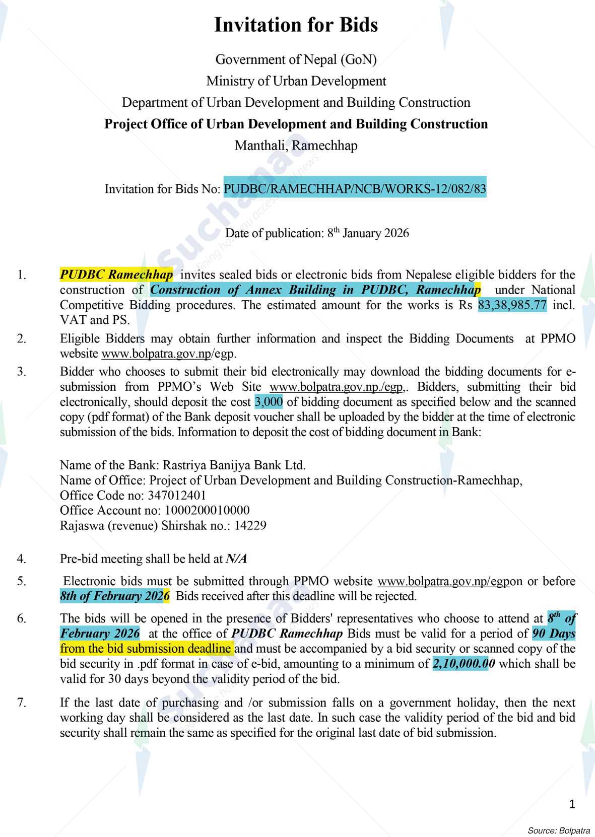 Project Of Urban Development and Building Construction, Ramechhap, Manthali