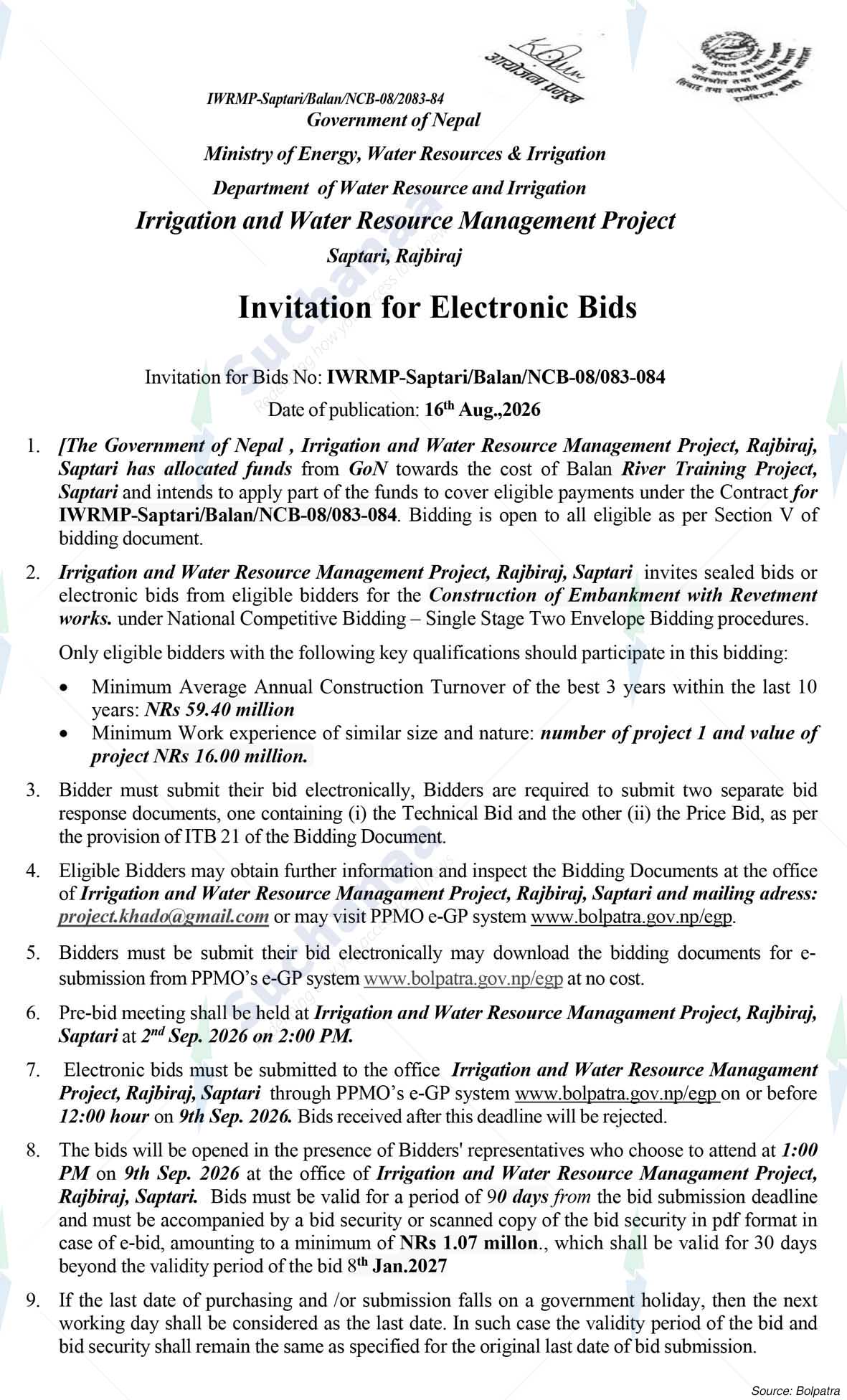 Irrigation and Water Resources Management Project, Saptari