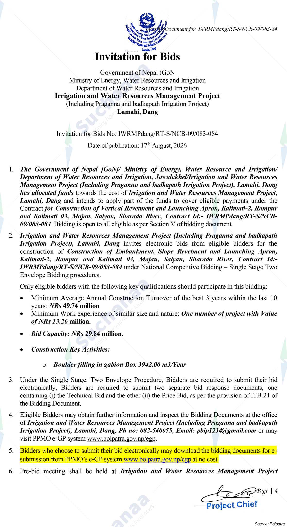 Irrigation and Water Resources Management Project (IWRMP), Lamahi Dang
