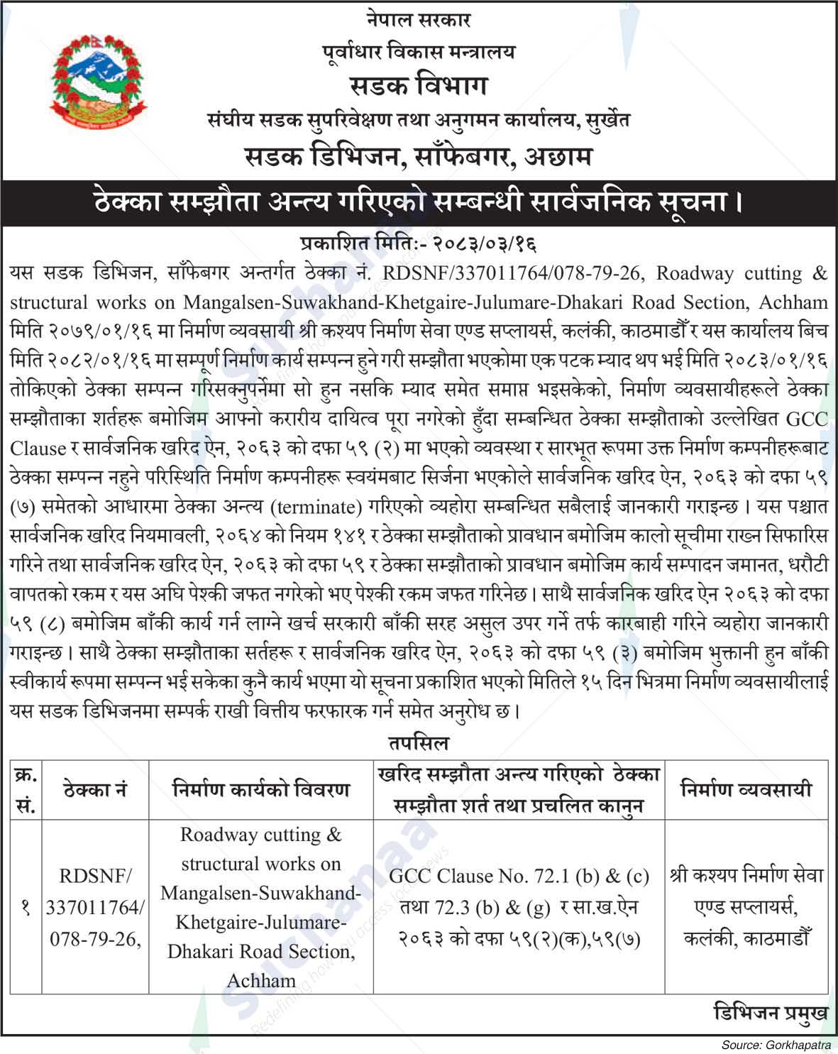 Road Division, Sanfebagar, Achham