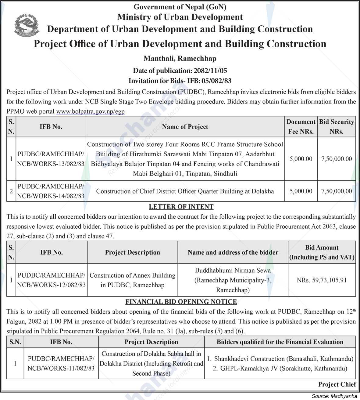 Project Office of Urban Development and Building Construction,  Ramechhap