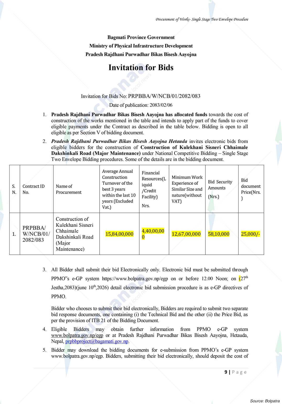 Pradesh Rajdhani Purbadhar Bikash Bishes Aayojana, Bagmati Province