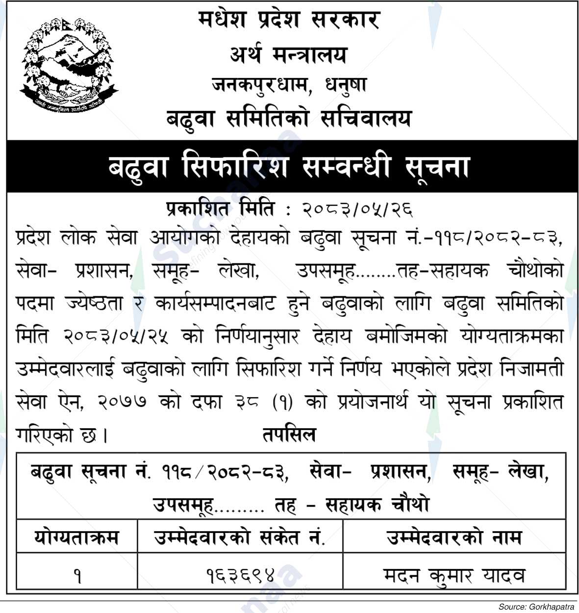 Ministry of Finance, Madhesh