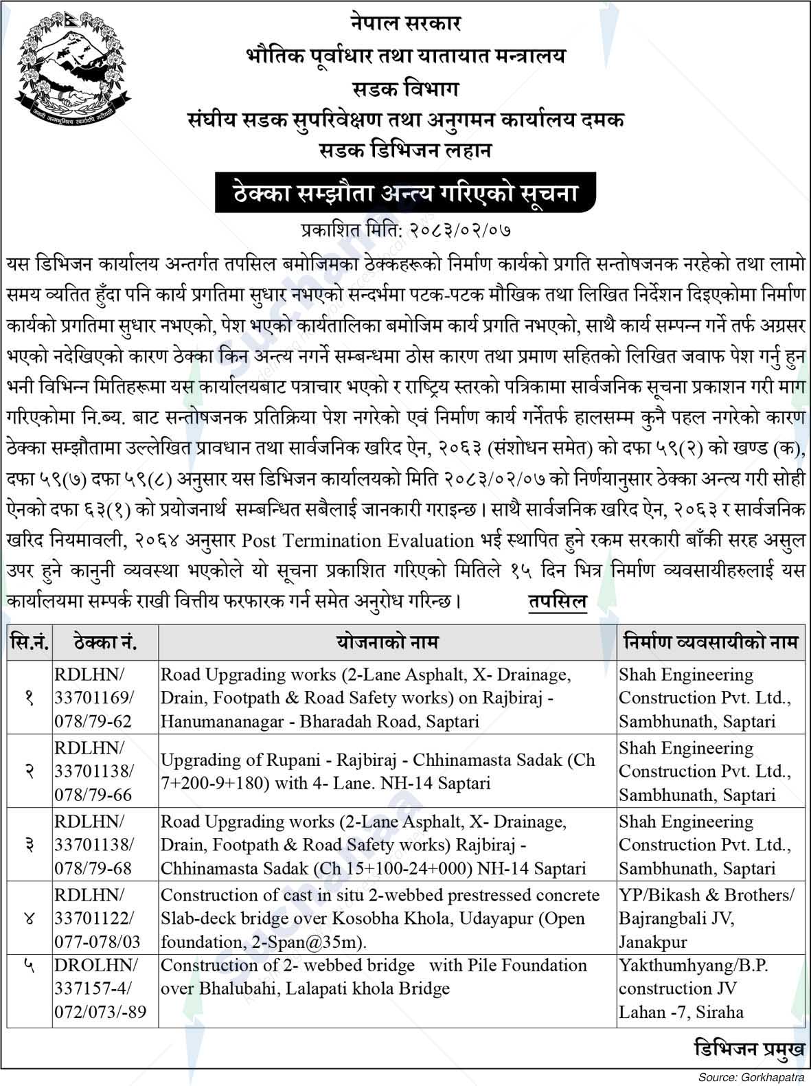 Road Division, Lahan