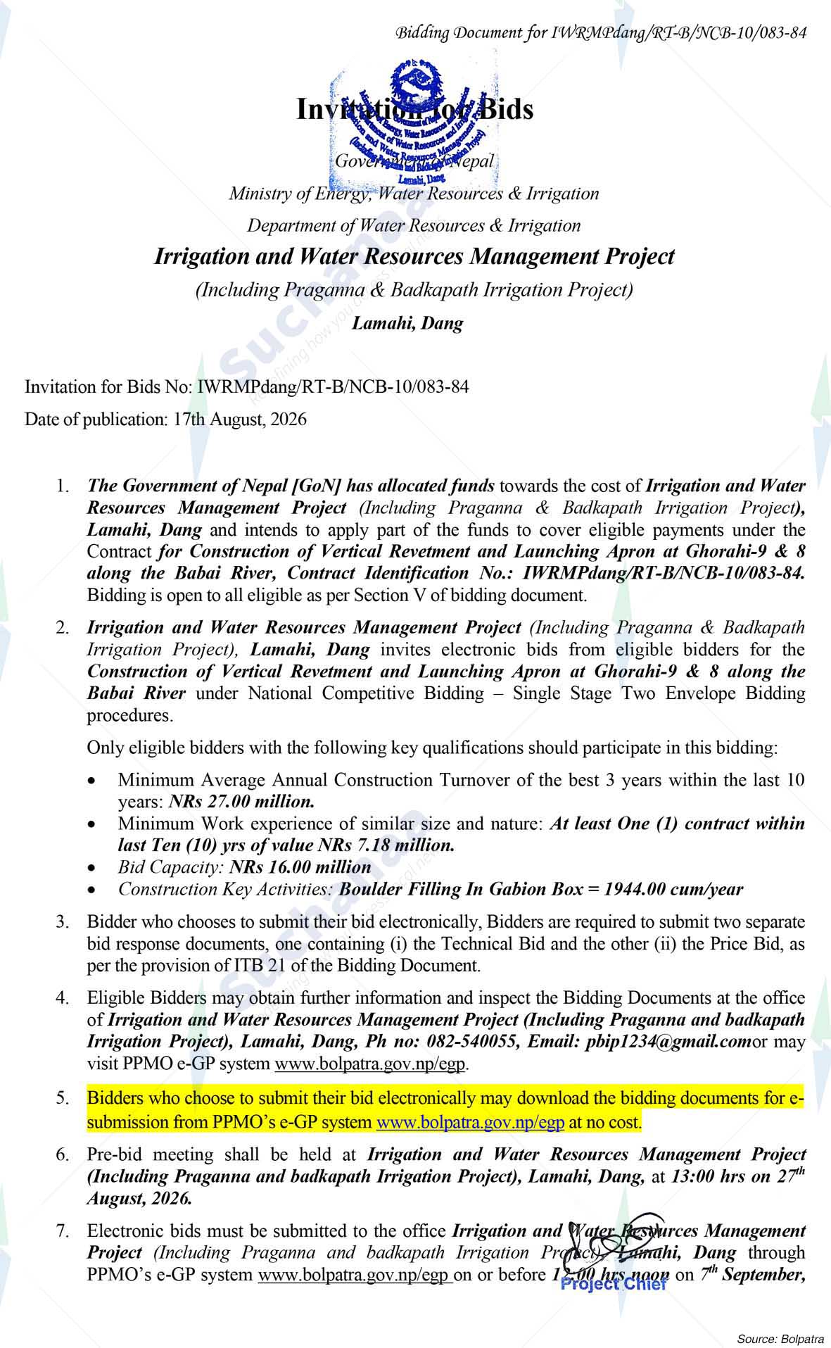 Irrigation and Water Resources Management Project (IWRMP), Lamahi Dang