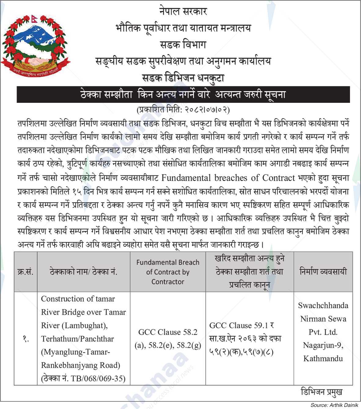 Road Division, Dhankuta