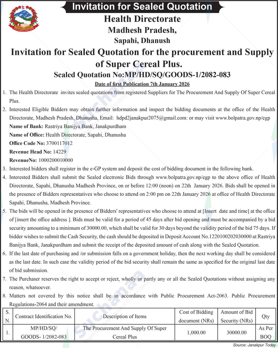 Health Directorate, Dhanush