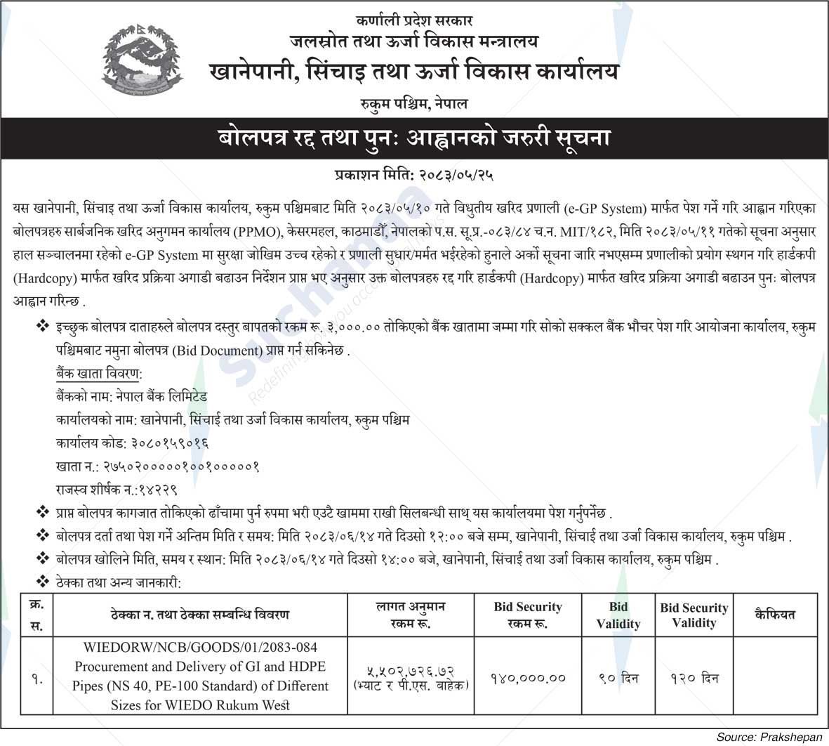 Drinking Water, Irrigation and Energy Development Office, Rukum West