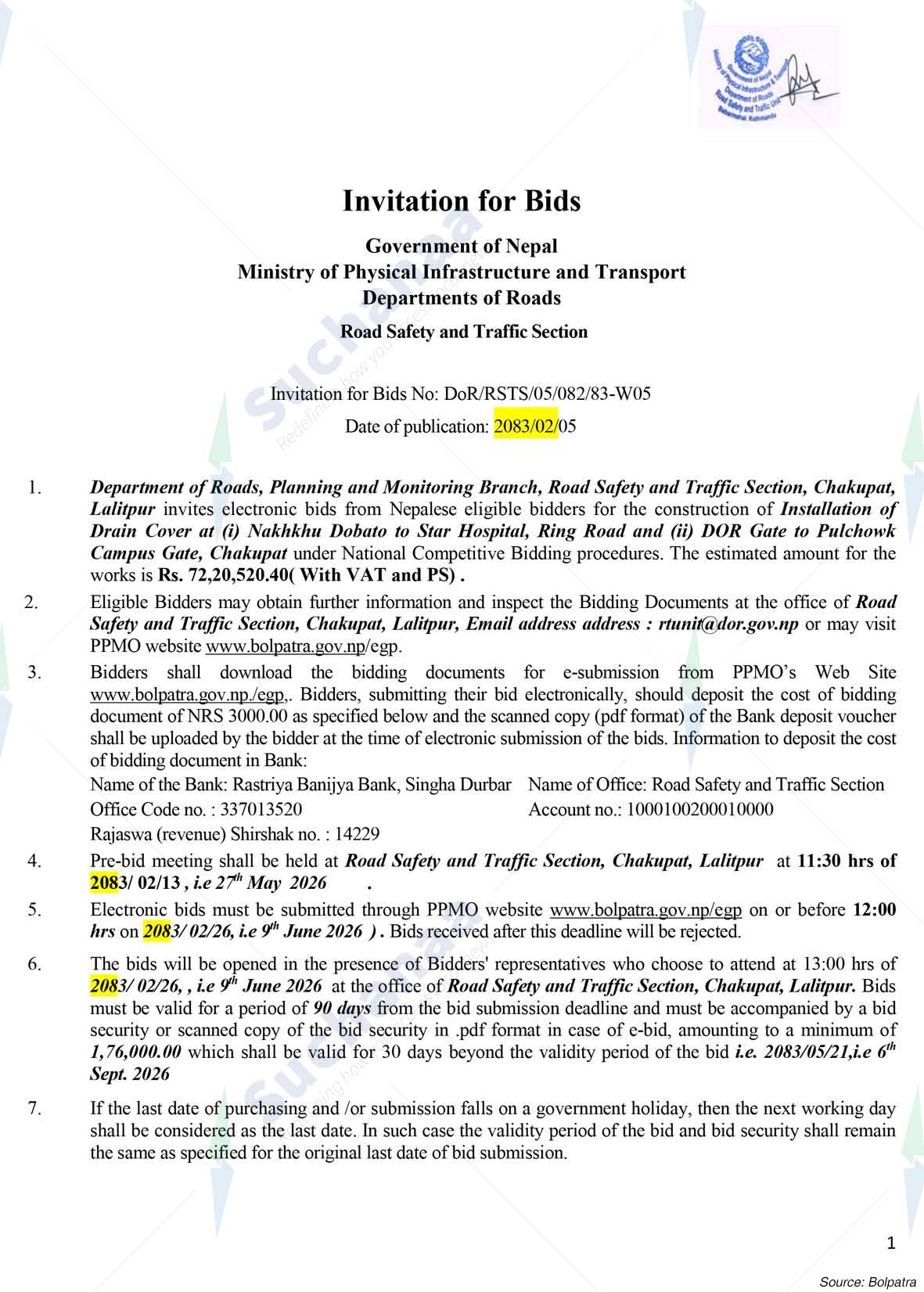 Department of Roads, Road Safety and Traffic Unit (TSTU)