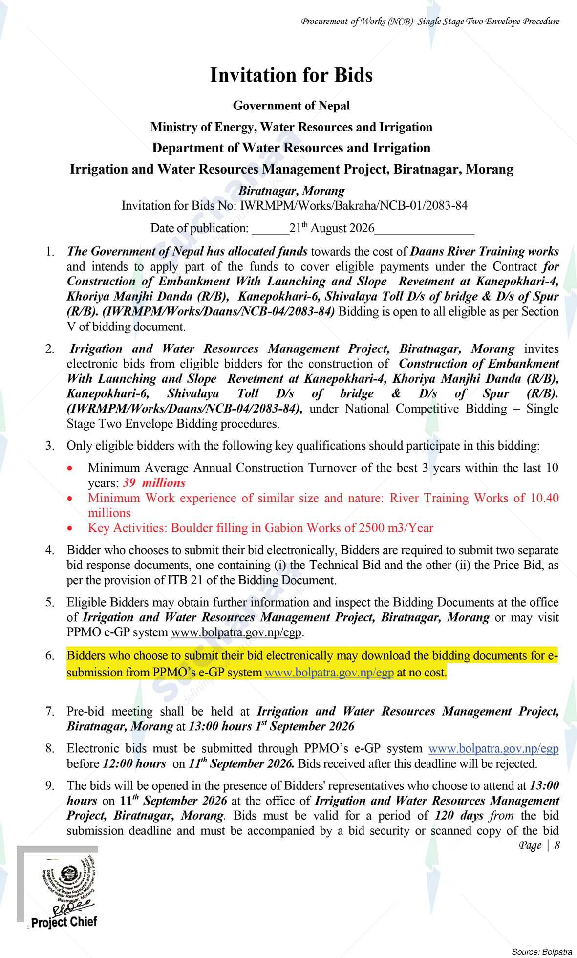 Irrigation and Water Resources Management Project, Morang