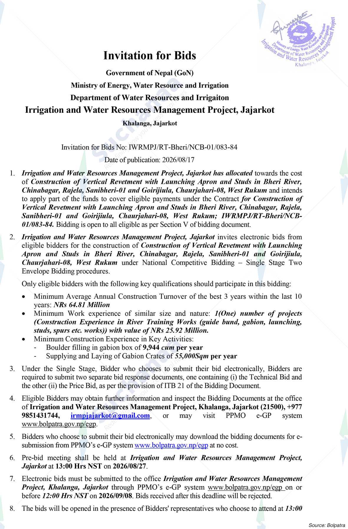 Irrigation and Water Resource Management Project, Jajarkot, Bheri