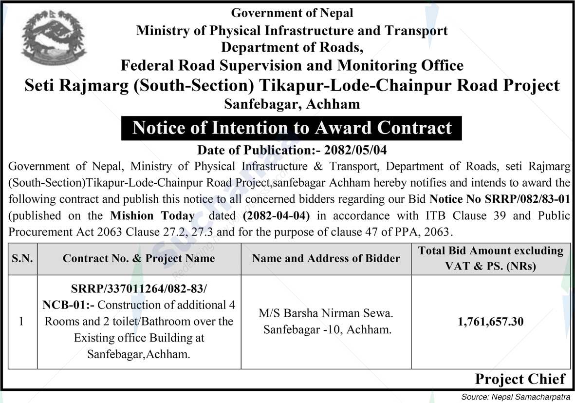 Seti Rajmarg (South-Section) Tikapur-Lode-Chainpur Road Project Sanfebagar, Achham
