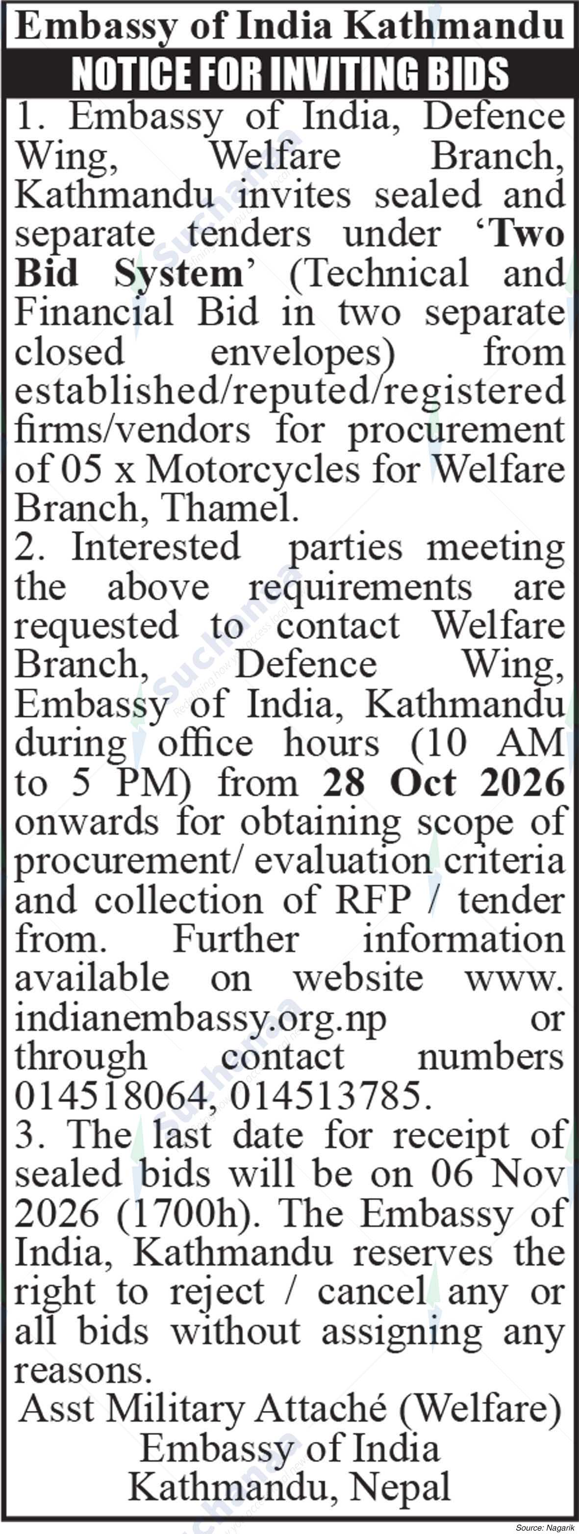 Embassy of India, Defence Wing, Welfare Branch