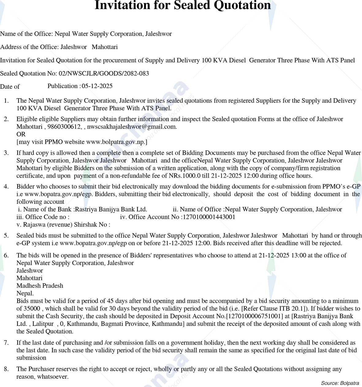 Nepal Water Supply Corporation, Jaleshwor