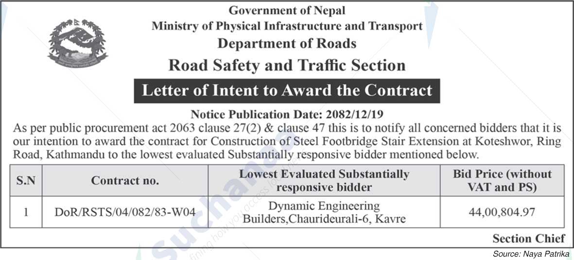 Department of Roads, Road Safety and Traffic Unit (TSTU)