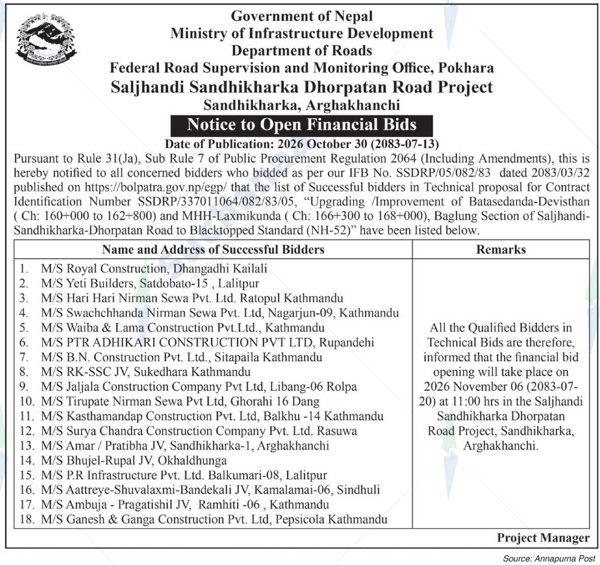 Saljhani Sandhikharka Dhorpatan Road Project