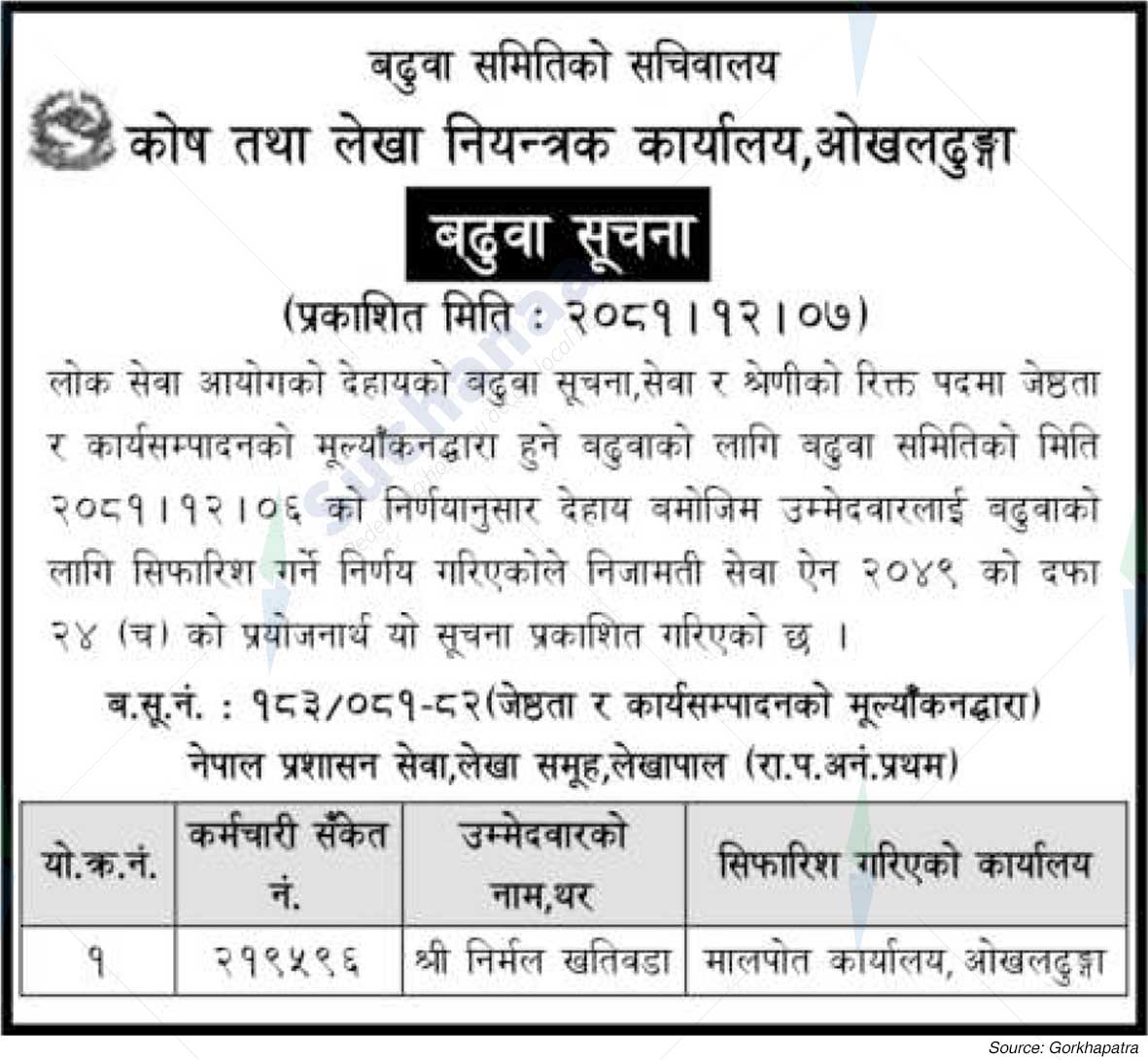 Kosh tatha Lekha Niyantrak Karyalaya, Okhaldhunga