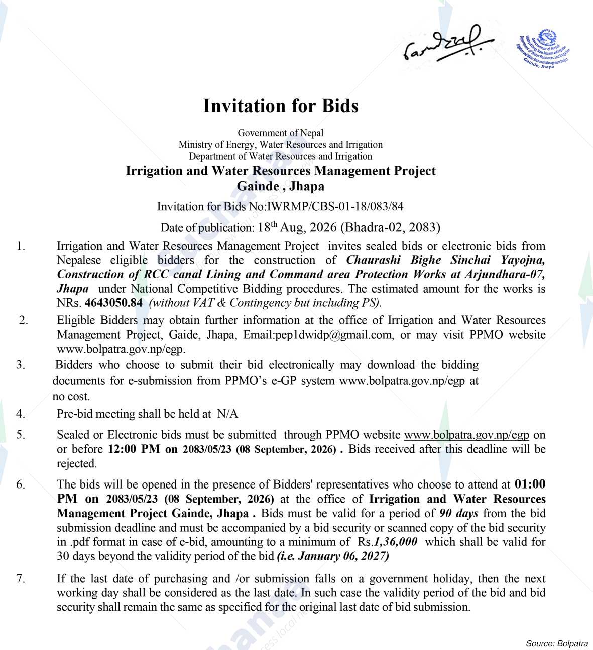 Irrigation and Water Resources Management Project, Jhapa