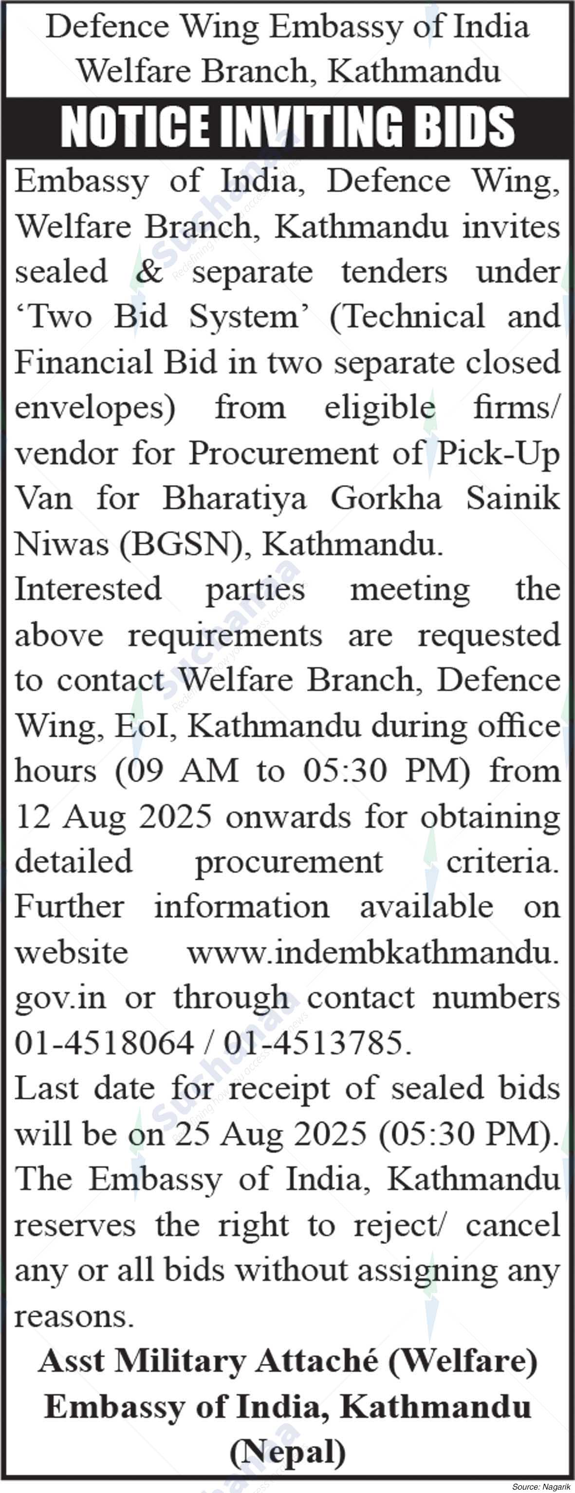 Embassy of India, Defence Wing, Welfare Branch