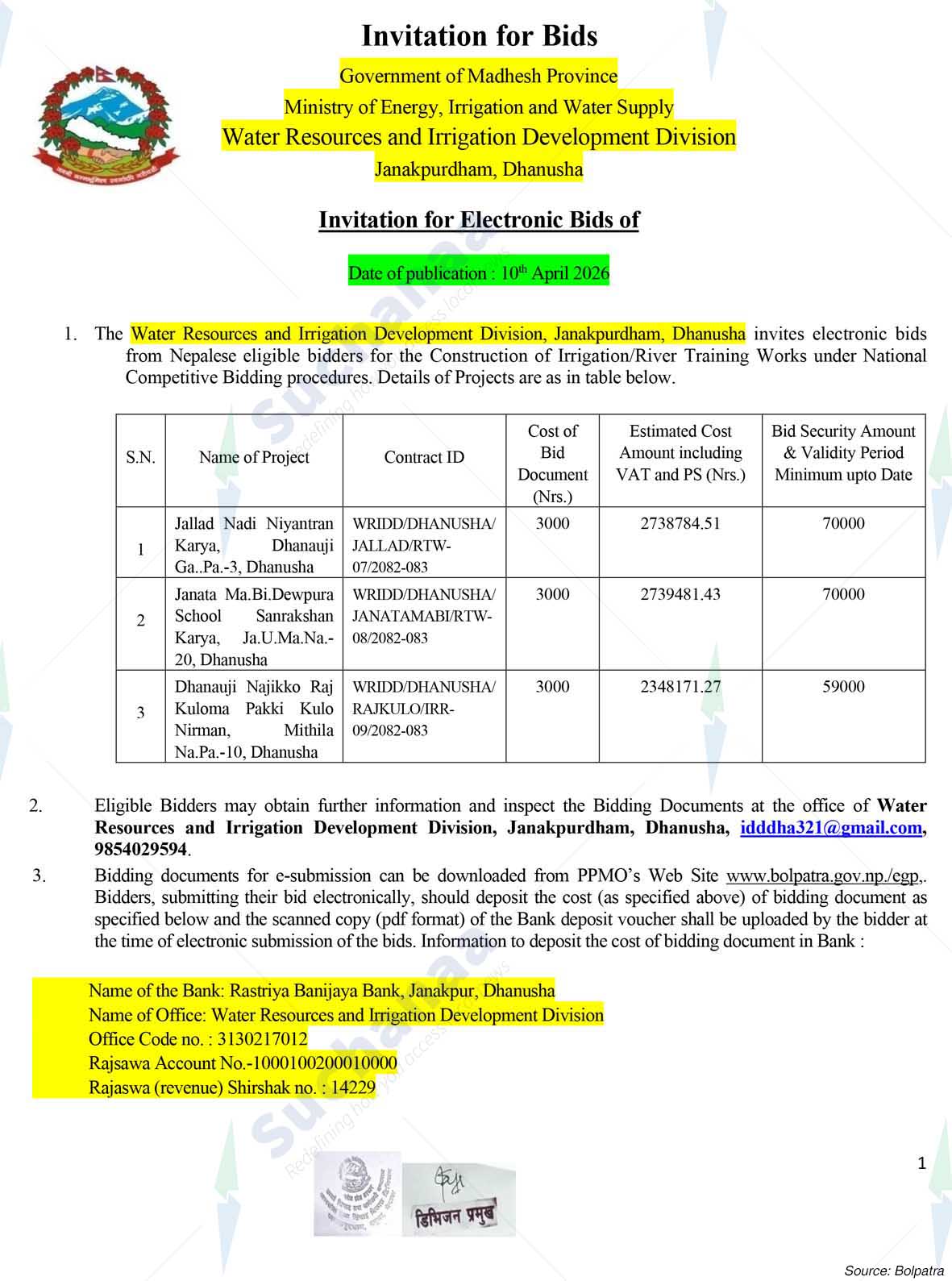 Water resource and Irrigation Development Division, Janakpurdham, Dhanusha