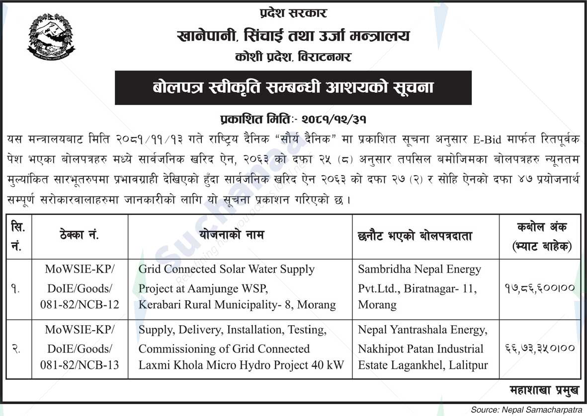 Ministry of Water Supply, Irrigation and Energy, Koshi