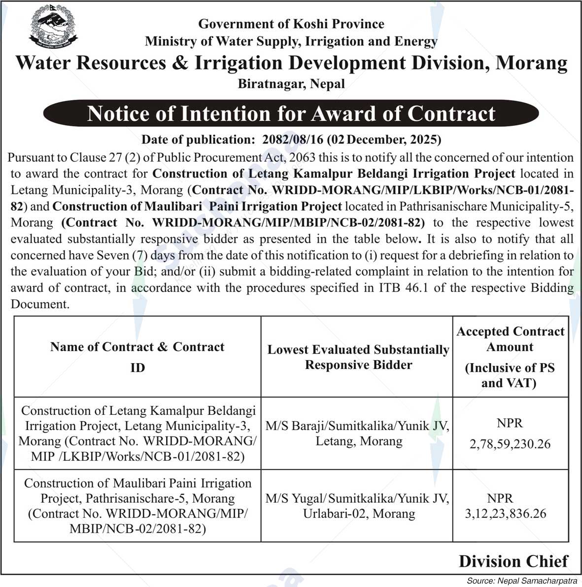 Water Resources & Irrigation Development Division, Morang