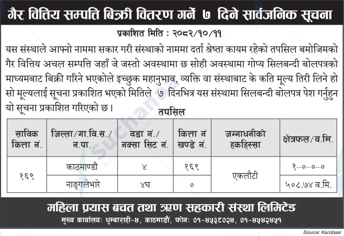 Mahila Prayas Bachat Tatha Rin Sahakari Sanstha Limited, Dhumbarahi, kathmandu