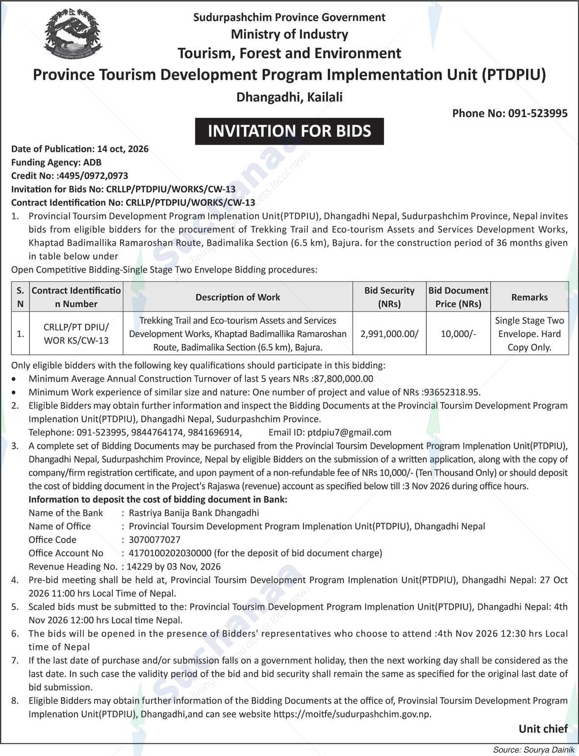 Province Tourism Development Program Implementation Unit (PTDPIU), Kailali