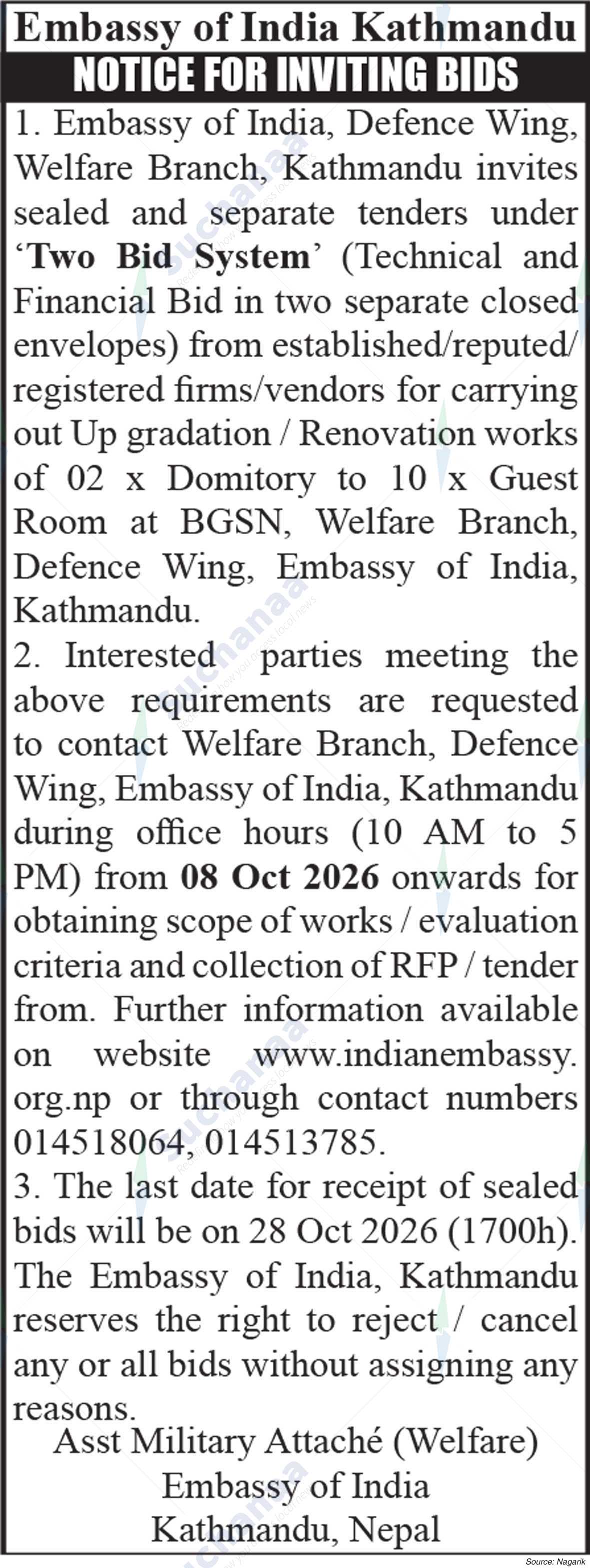 Embassy of India, Defence Wing, Welfare Branch