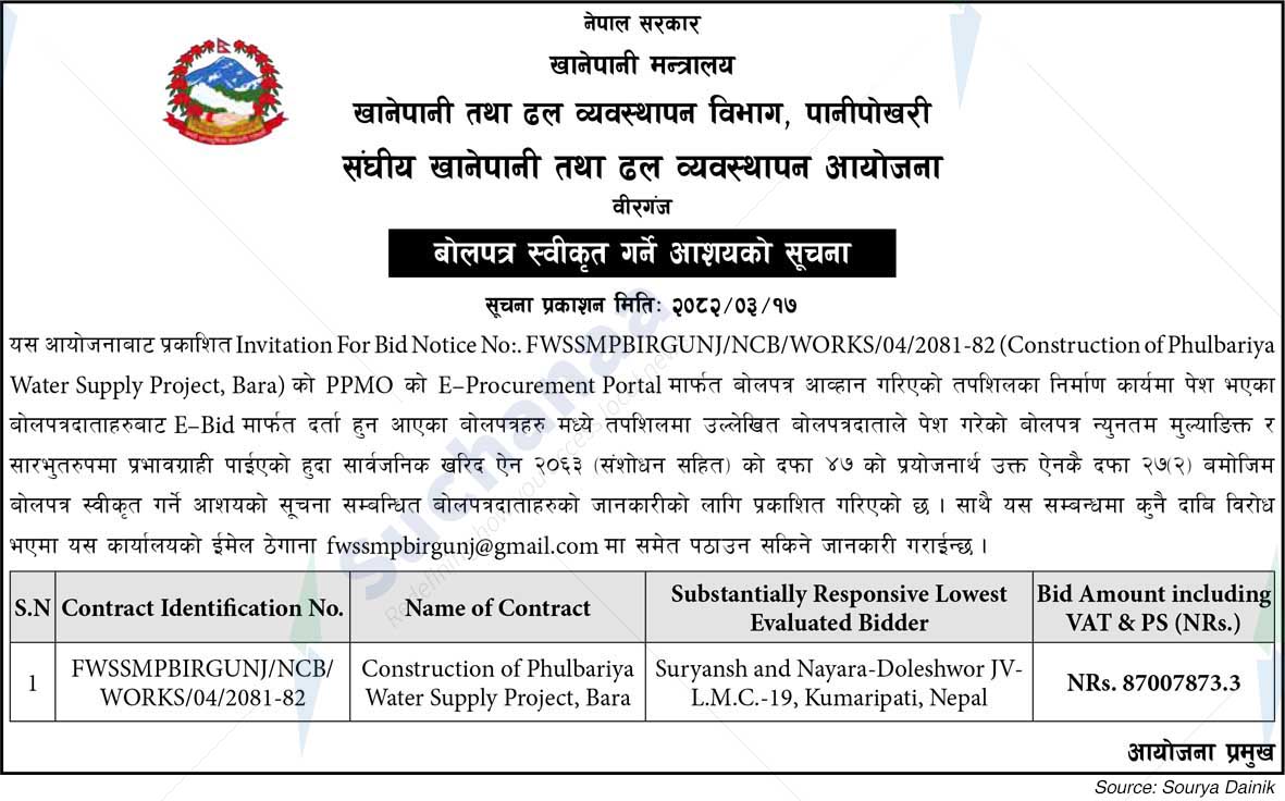 Federal Water Supply and Sewerage Management Project, Birgunj
