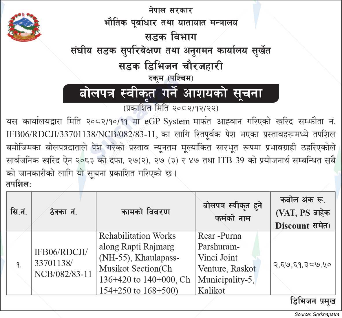 Road Division, Chaurjahari