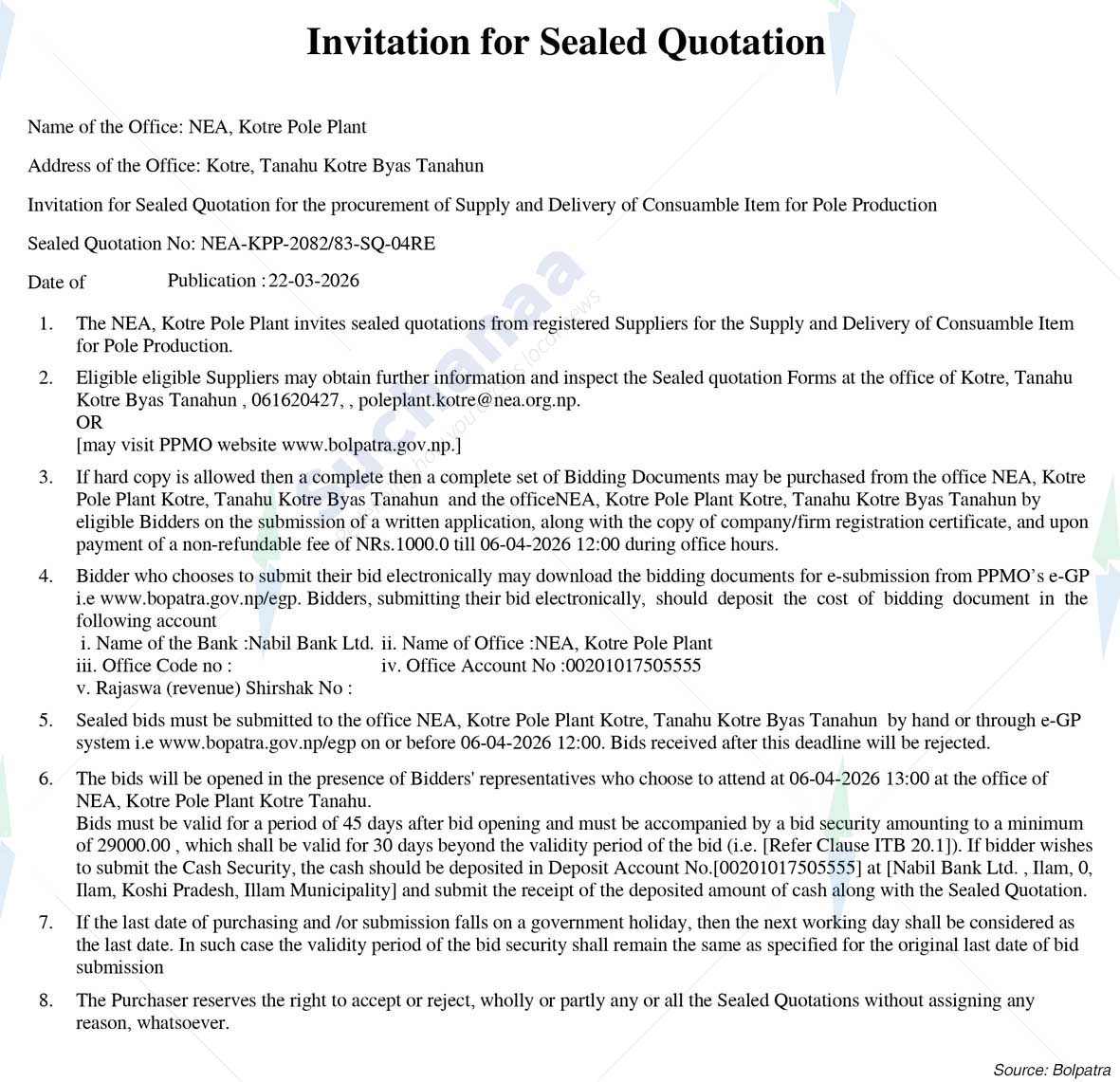 NEA, Kotre Pole Plant