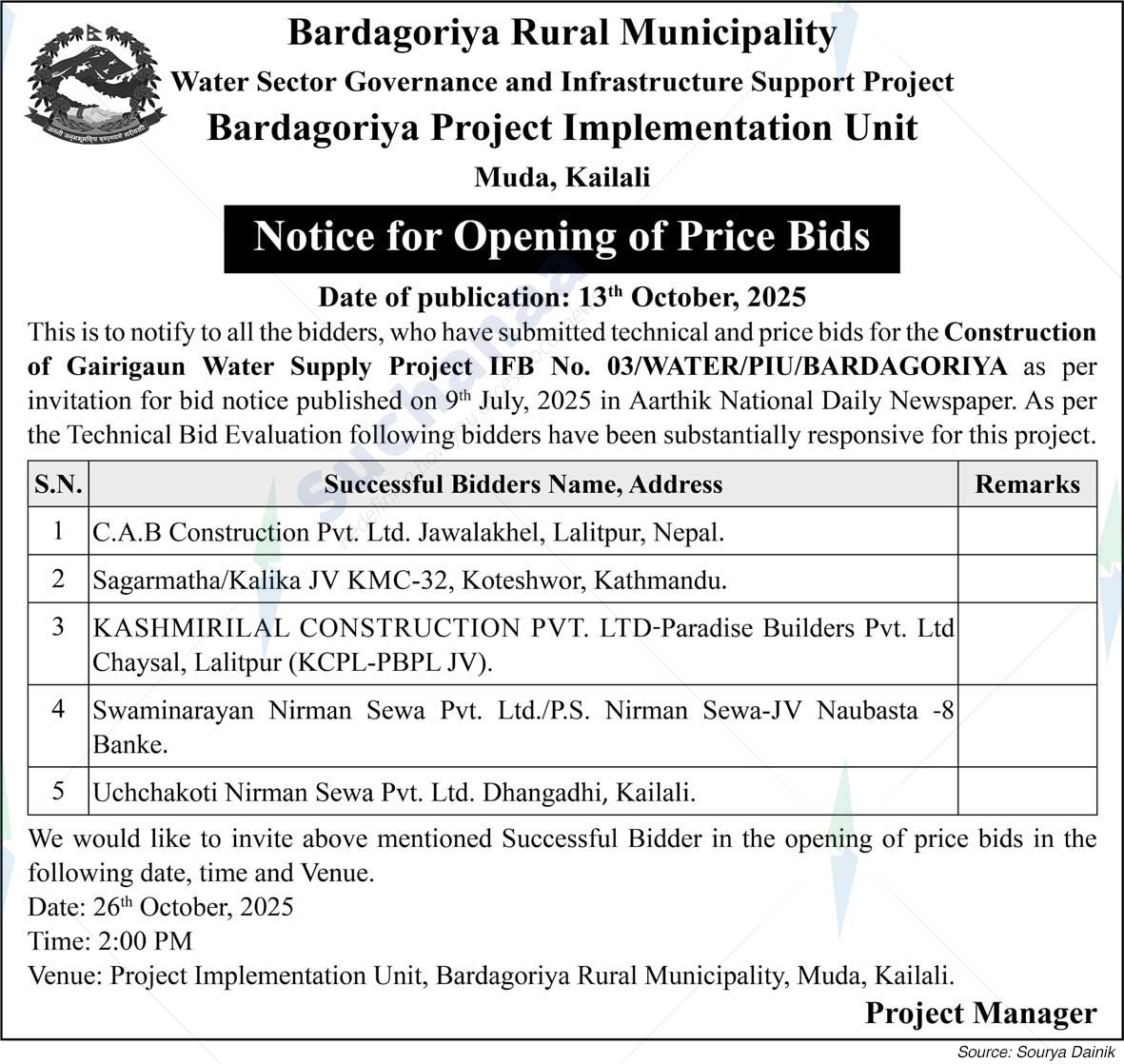 Bardagoriya Project Implementation Unit, Muda, Kailali