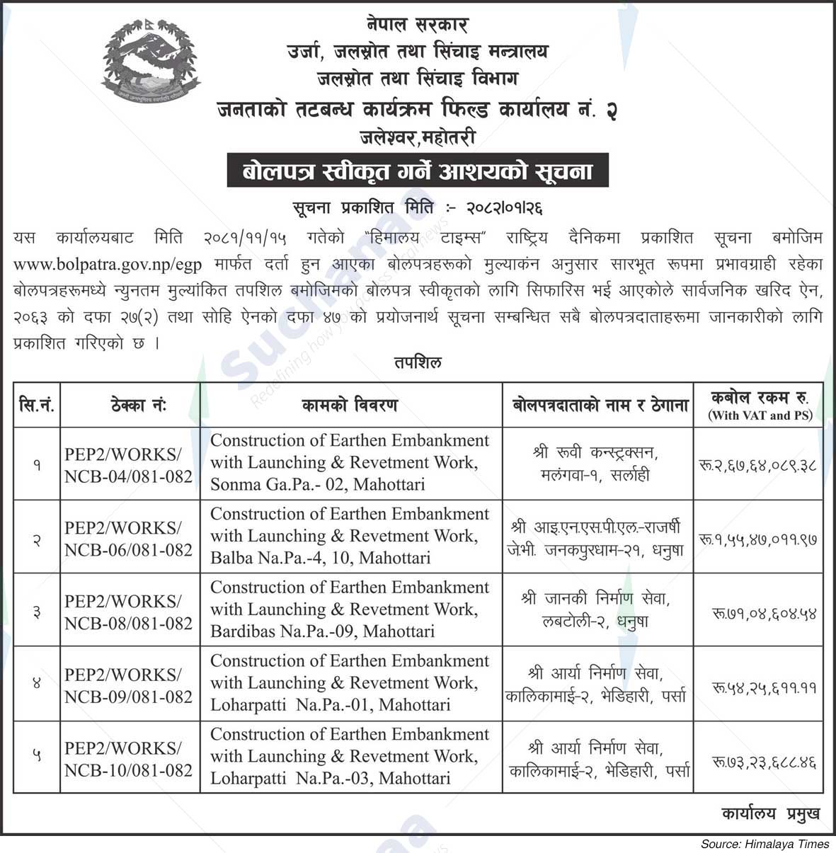 People's Embankment Program Field Office No. 2 Jaleshwar, Mahotari