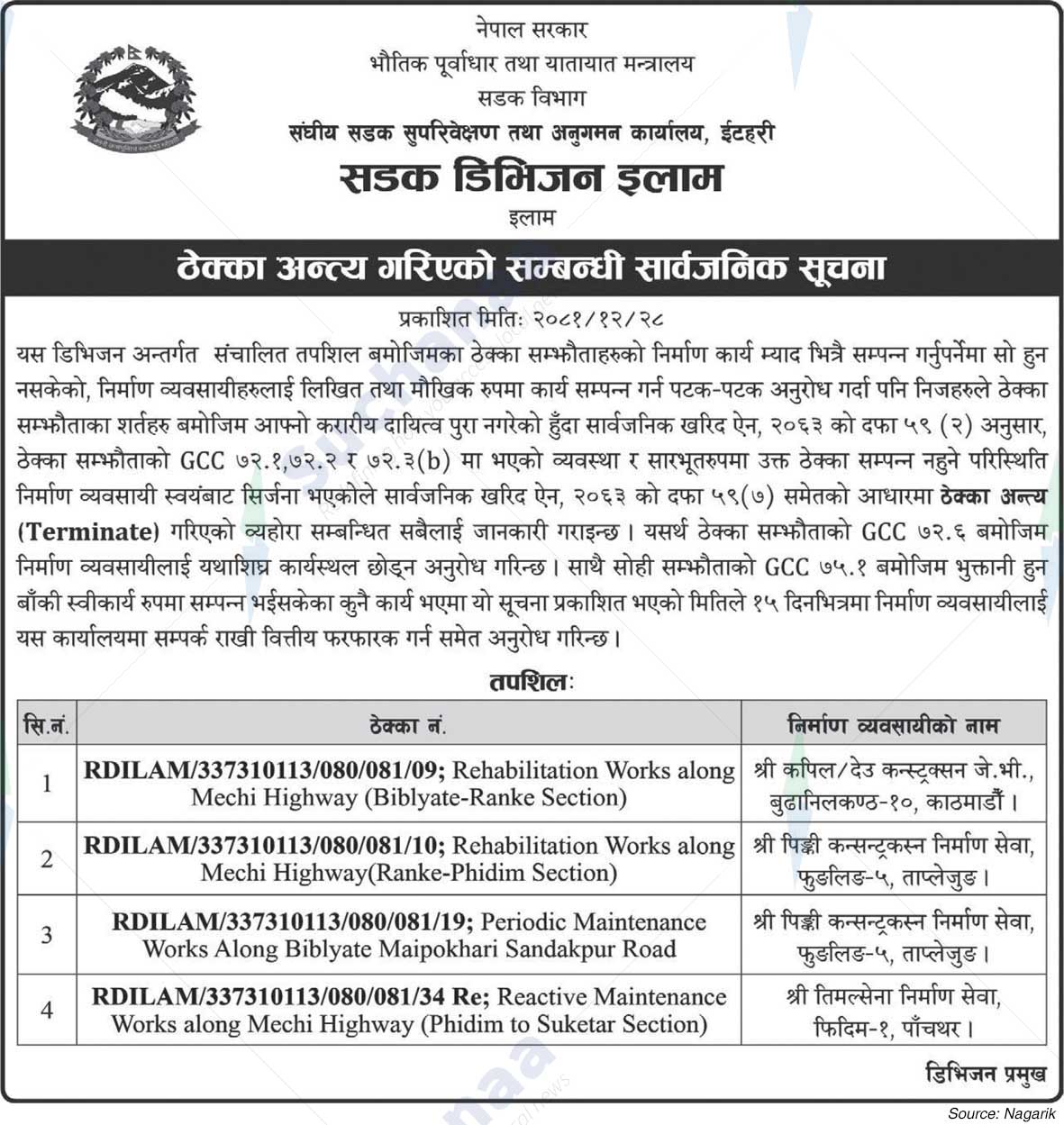 Road Division, Ilam