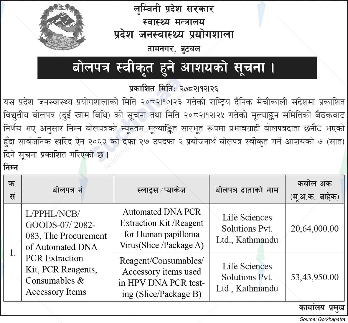 Province Public Health Laboratory, Butwal