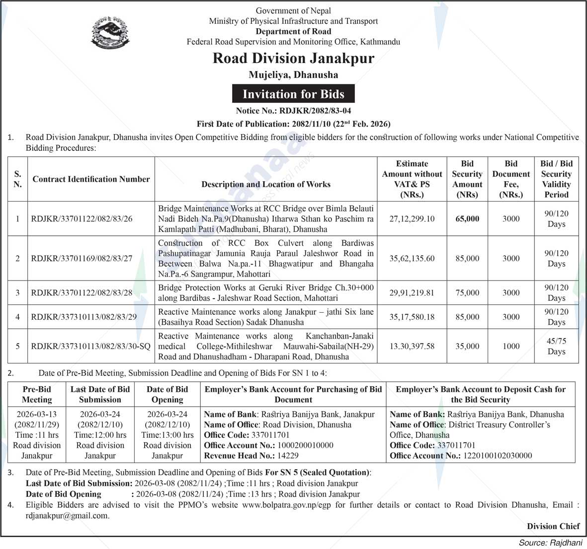 Road Division, Janakpur
