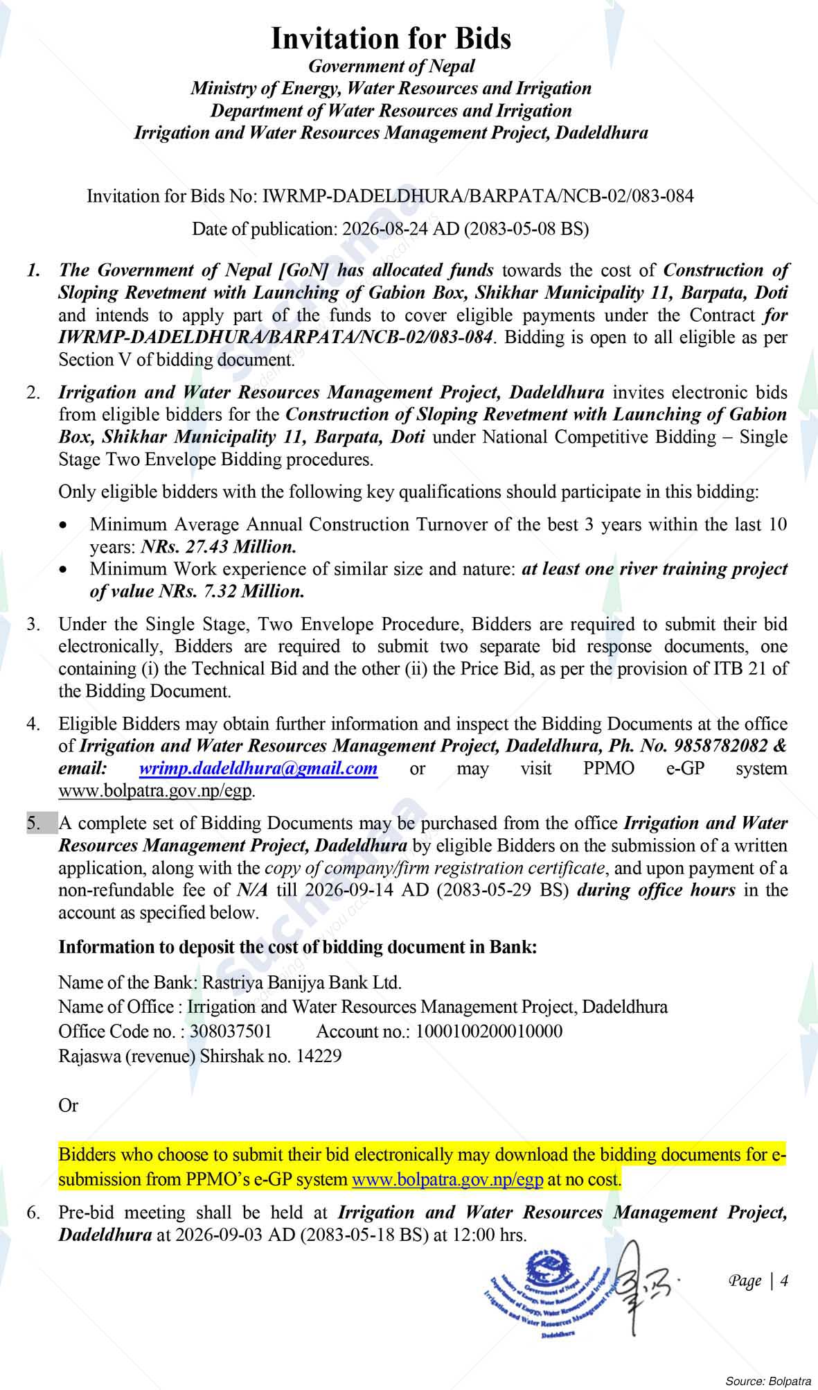 Irrigation and water Resources Management Project, Dadeldhura