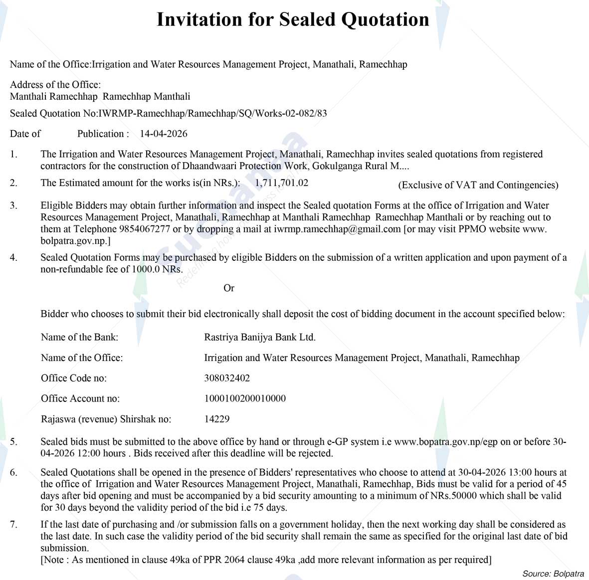 Irrigation and Water Resources Management Project, Manathali, Ramechhap