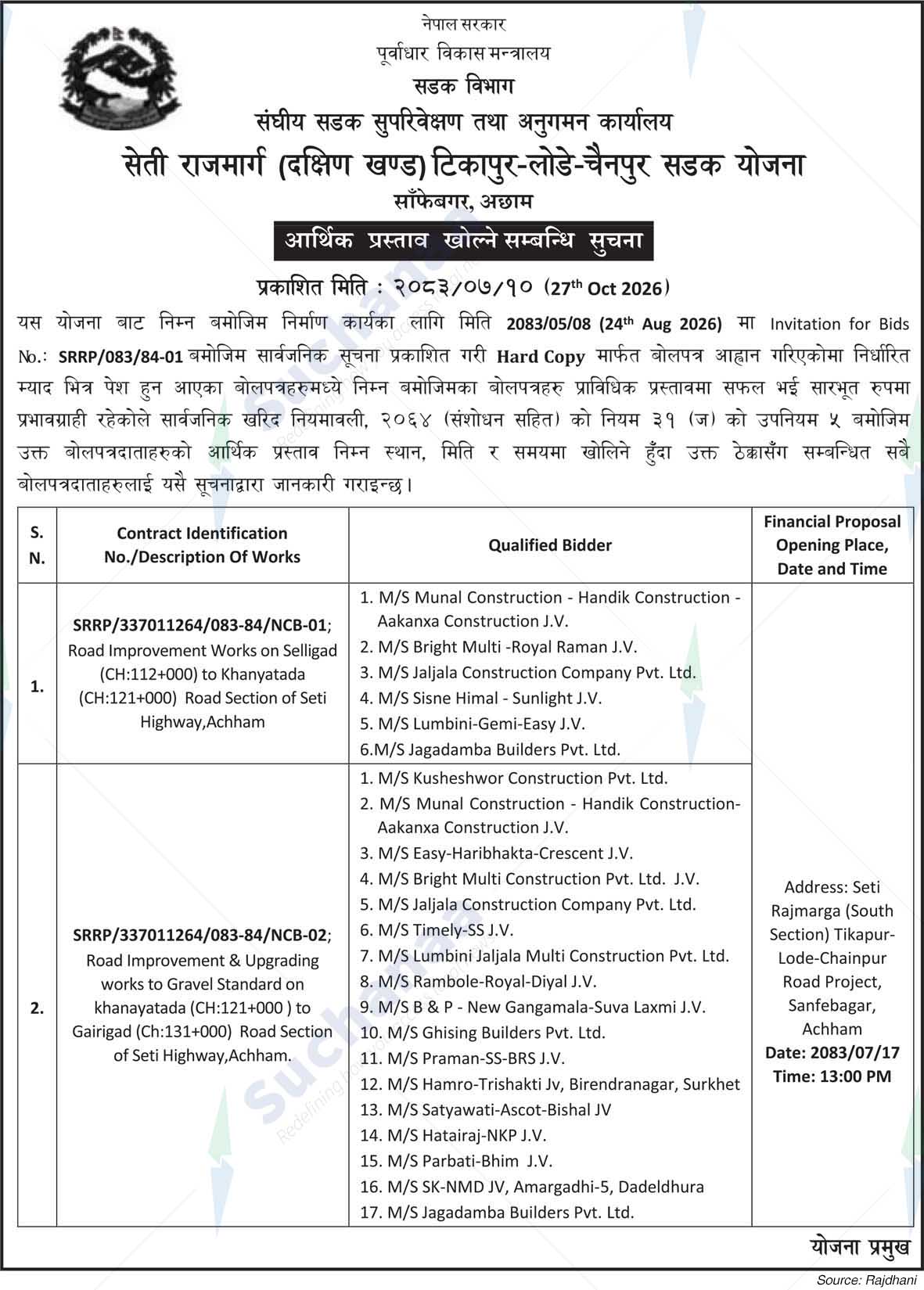 Seti Highway (South Section) Tikapur-Lode-Chainpur Road Project