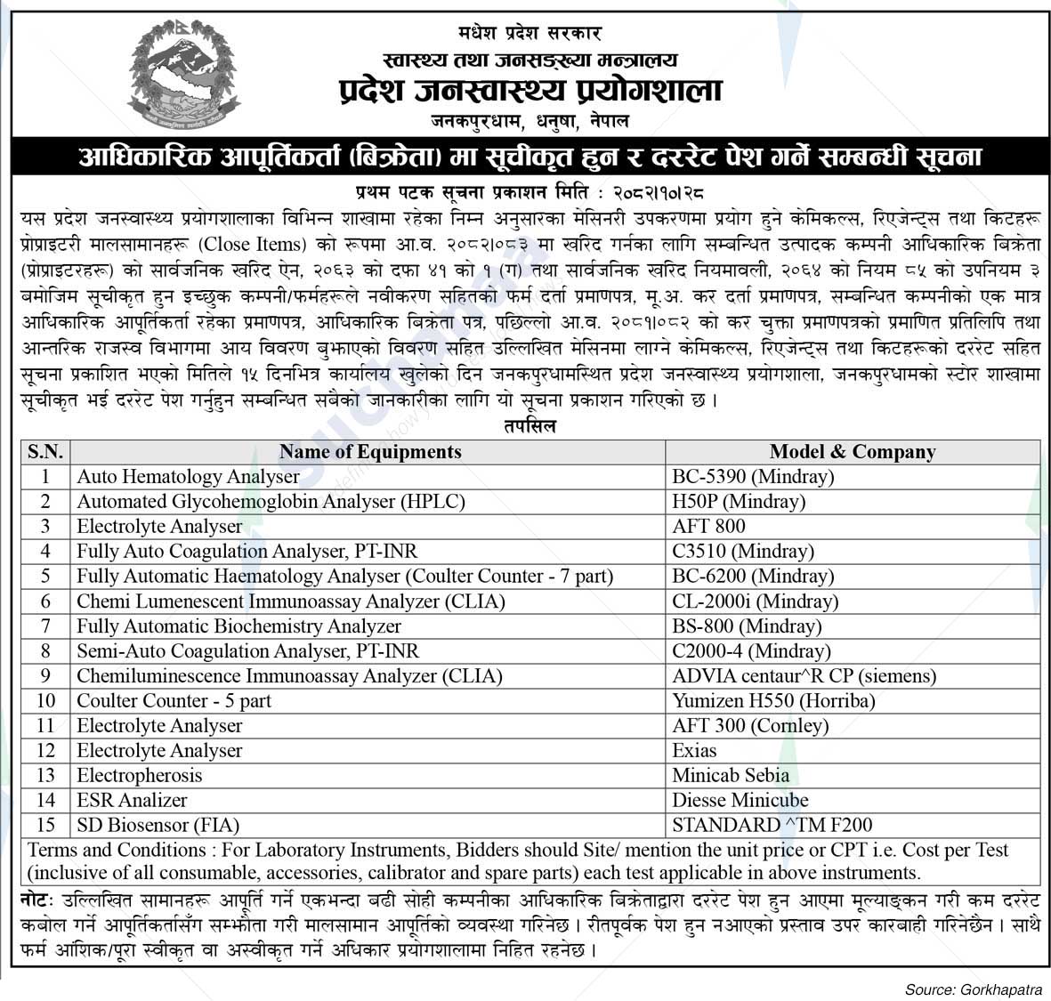 Province Public Health Laboratory, Janakpurdham, Dhanusha
