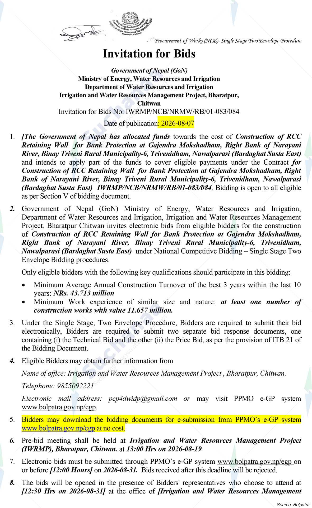 Irrigation and Water Resources Management Project, Bharatpur, chitwan