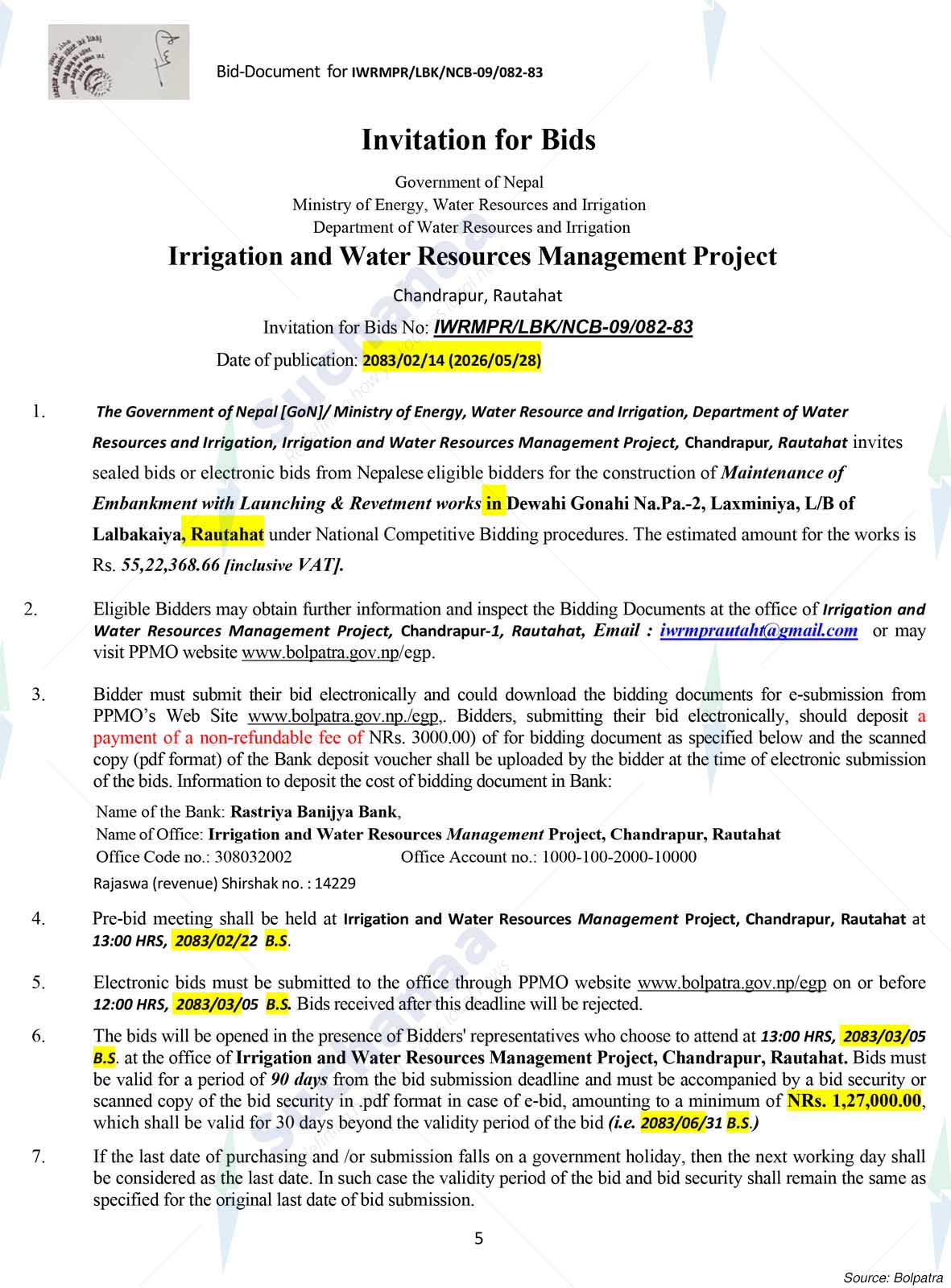Irrigation and Water Resources Management Project, Chandrapur, Rautahat