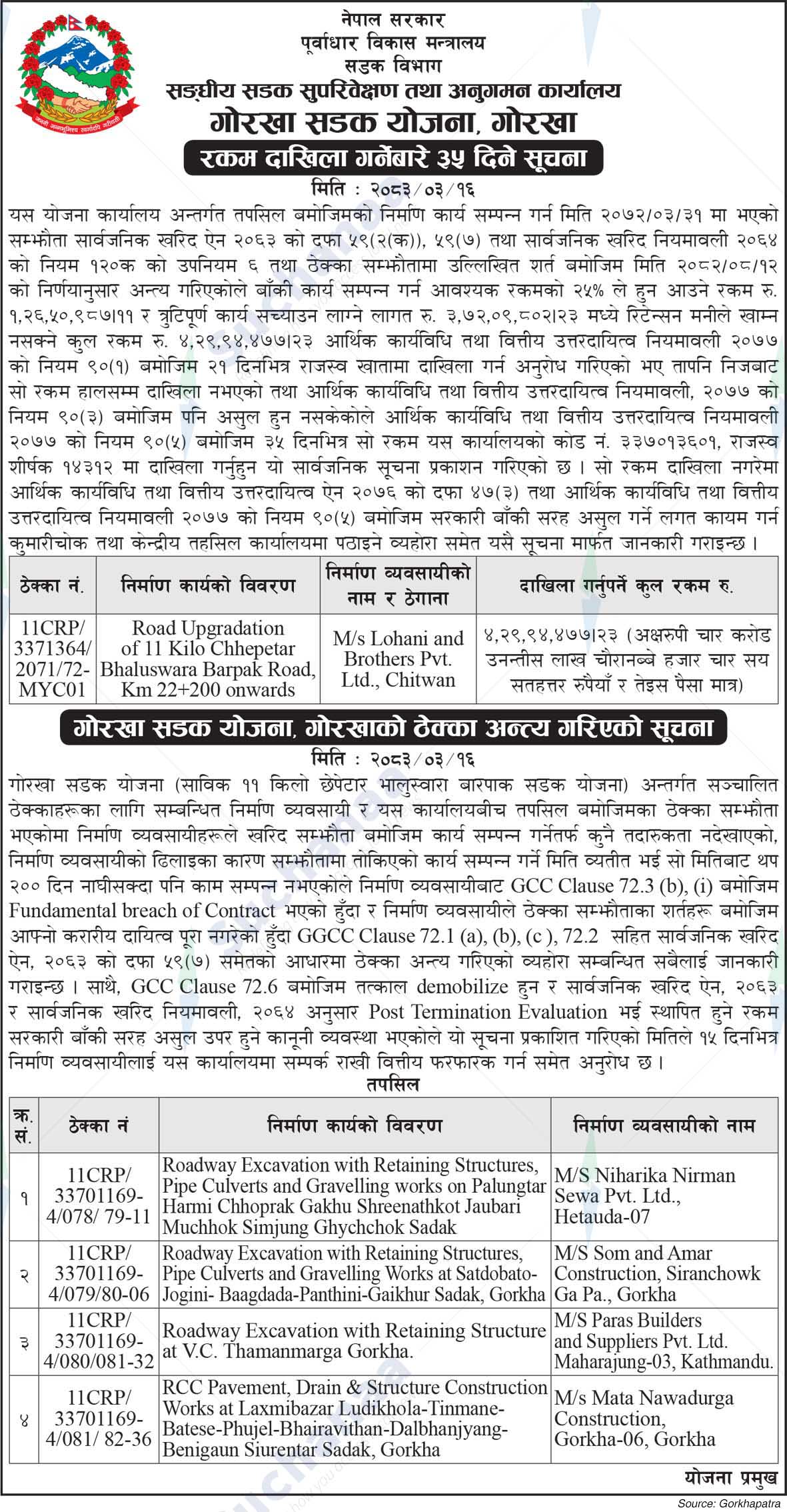 Gorkha Sadak Yojana, Gorkha