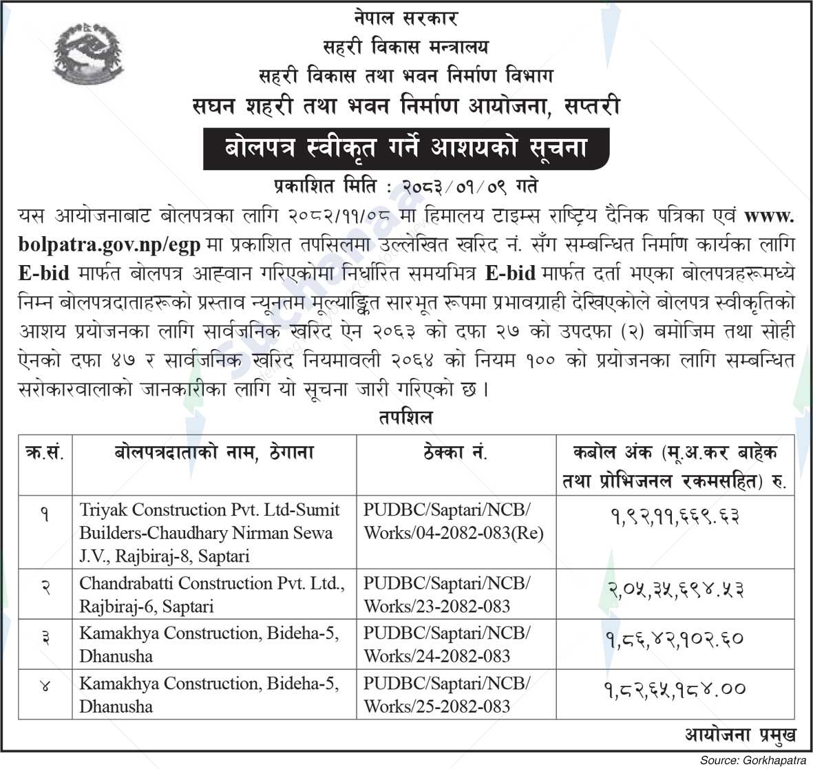 Project Office of Urban Development and Building Construction, Saptari